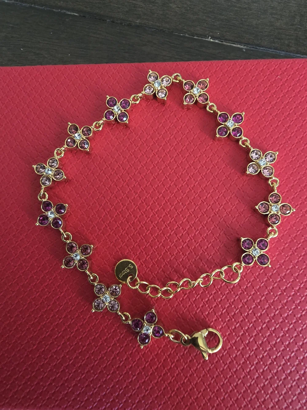Gold-Tone Floral Crystal Bracelet in Pink and Purple